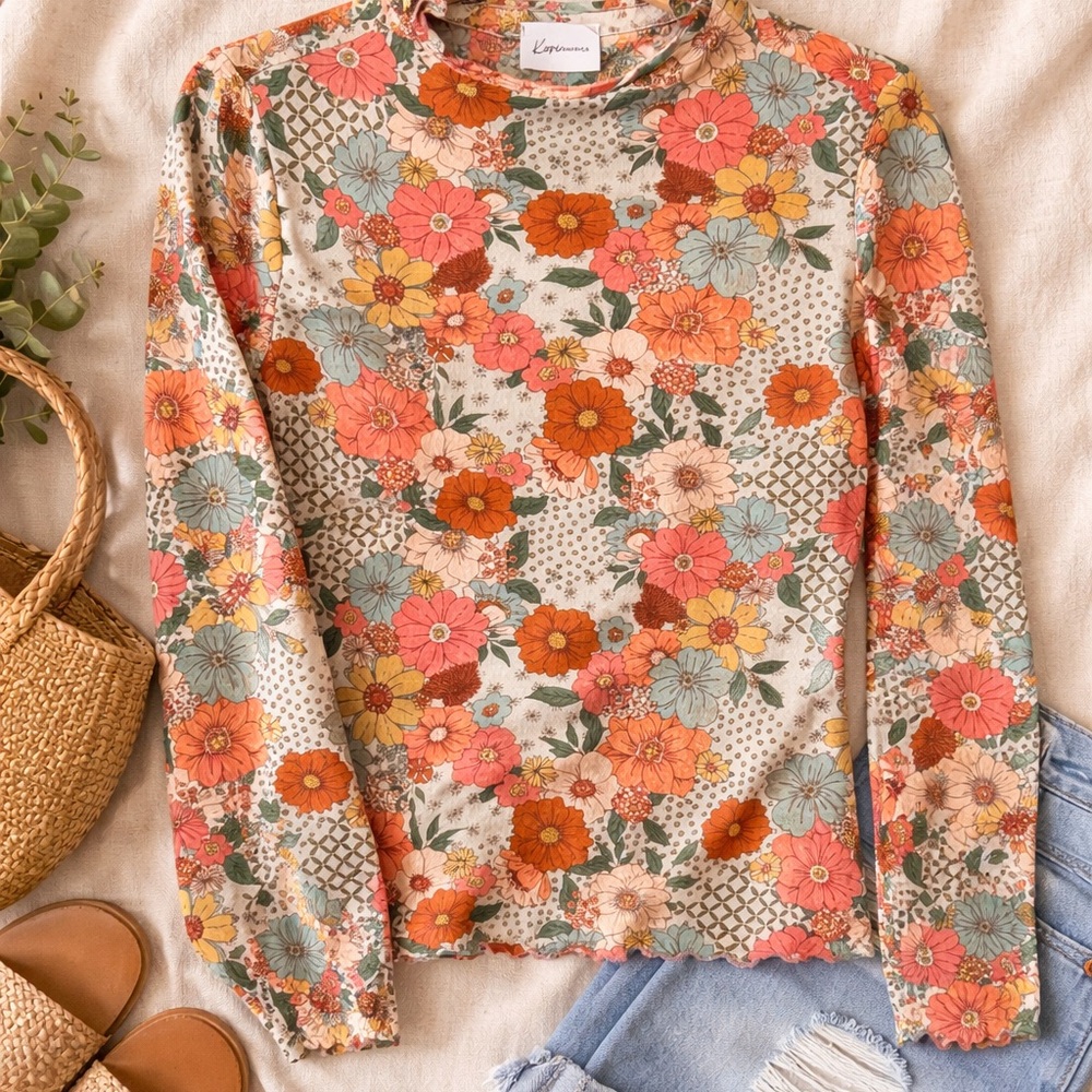 Kori Multi Floral Long-Sleeve Crewneck Top in Coral, Blue & Yellow